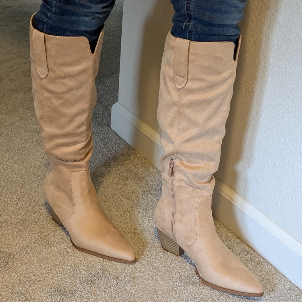 Coutgo Nude Faux Suede Knee High Boots Block Heel Pointed Toe - Picture 11 of 12